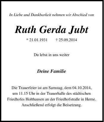 Traueranzeige von Ruth Gerda Jubt von Tageszeitung