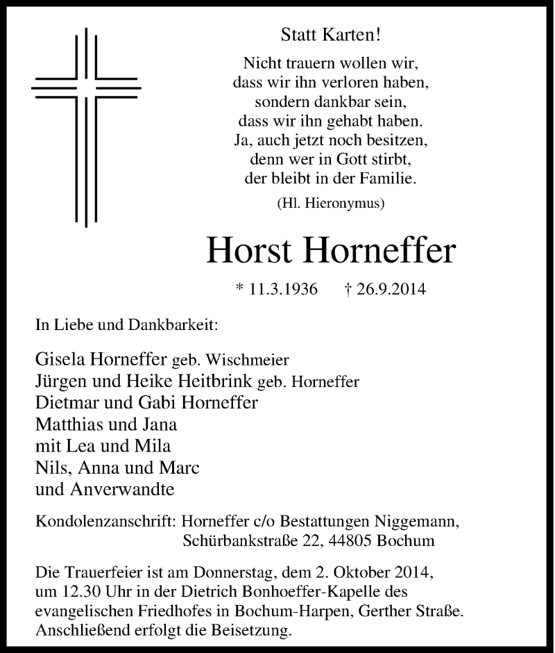  Traueranzeige für Horst Horneffer vom 30.09.2014 aus Tageszeitung