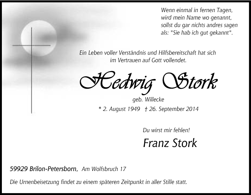  Traueranzeige für Hedwig Stork vom 30.09.2014 aus Tageszeitung