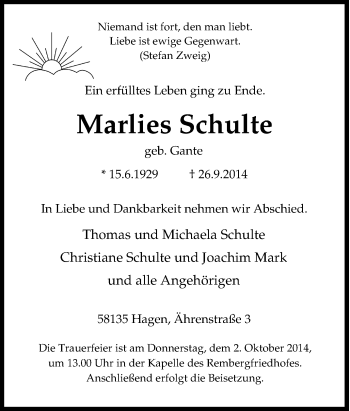 Traueranzeige von Marlies Schulte von Tageszeitung