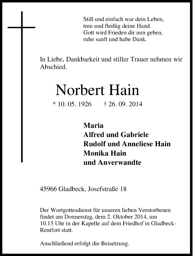  Traueranzeige für Norbert Hain vom 30.09.2014 aus Tageszeitung