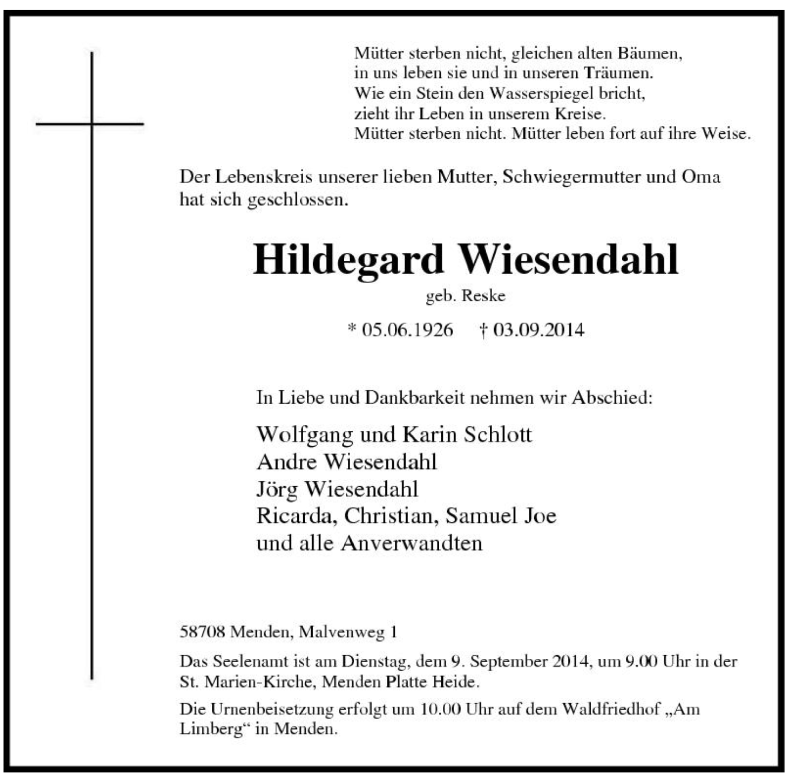 Traueranzeigen von Hildegard Wiesendahl | Trauer-in-NRW.de