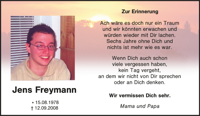  Traueranzeige für Jens Freymann vom 13.09.2014 aus Tageszeitung