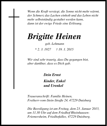Traueranzeige von Brigitte Heinen von Tageszeitung