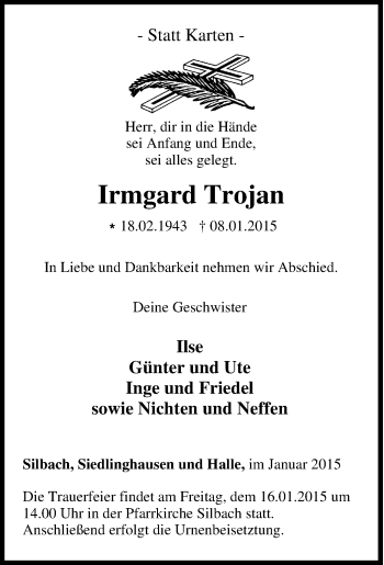 Traueranzeige von Irmgard Trojan von Tageszeitung