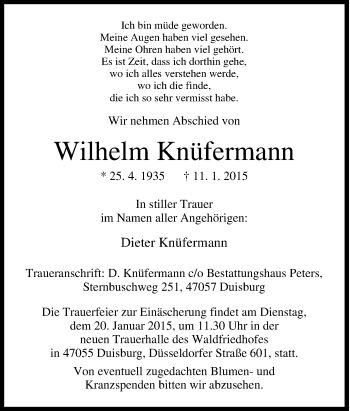 Traueranzeige von Wilhelm Knüfermann von Tageszeitung