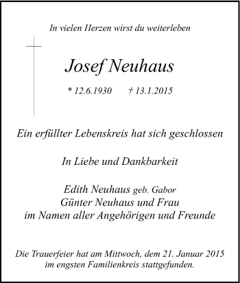 Traueranzeige von Josef Neuhaus von Tageszeitung