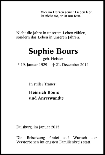 Traueranzeige von Sophie Bours von Tageszeitung