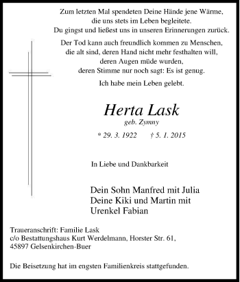 Traueranzeige von Herta Lask von Tageszeitung