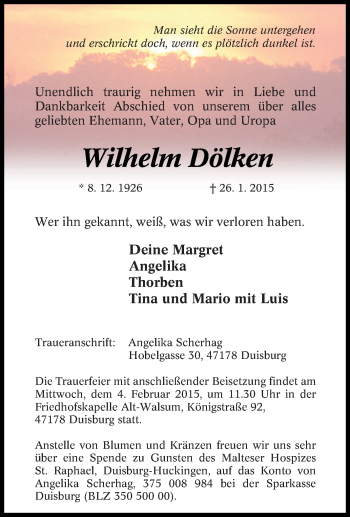 Traueranzeige von Wilhelm Dölken von Tageszeitung