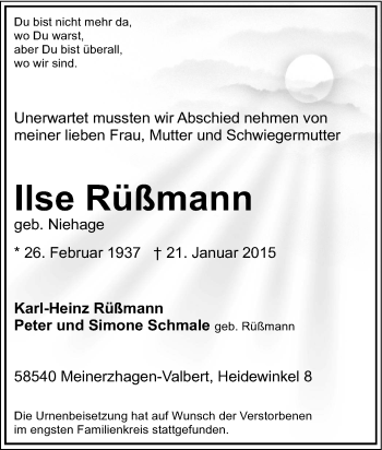 Traueranzeige von Ilse Rüßmann von Tageszeitung