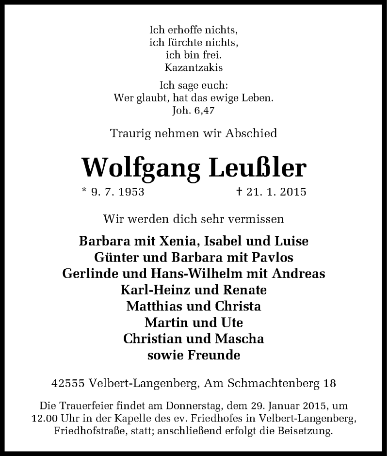  Traueranzeige für Wolfgang Leußler vom 24.01.2015 aus Tageszeitung
