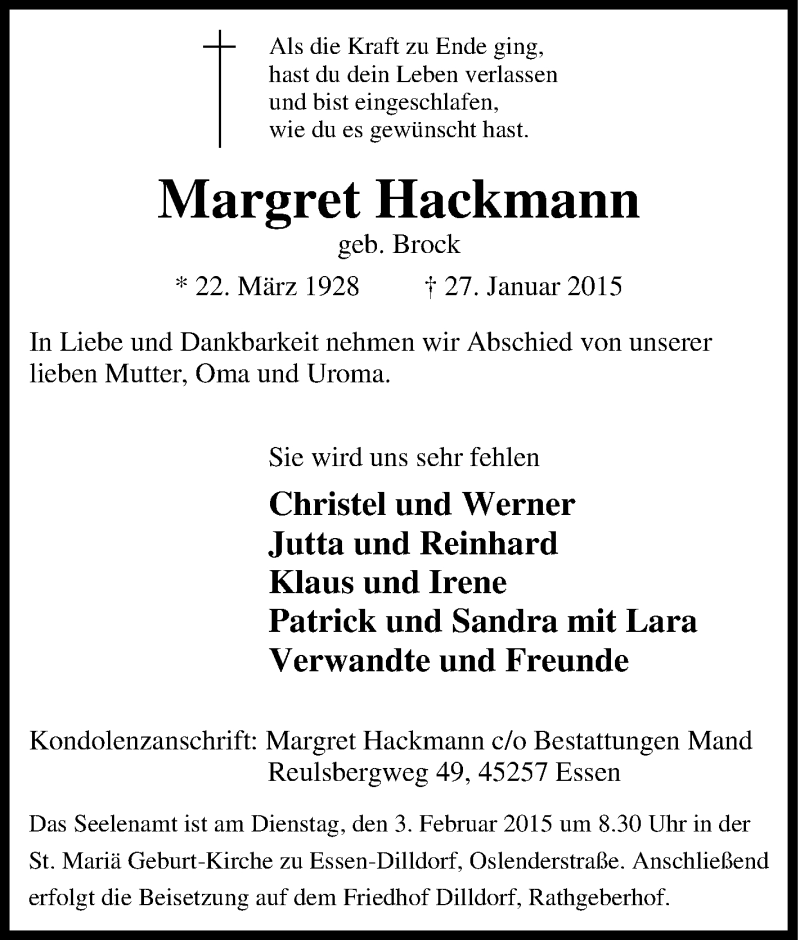  Traueranzeige für Margret Hackmann vom 31.01.2015 aus Tageszeitung