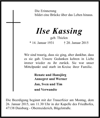 Traueranzeige von Ilse Kassing von Tageszeitung