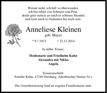 Traueranzeige von Anneliese Kleinen von Tageszeitung