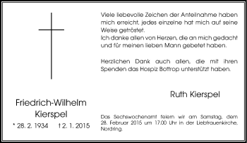 Traueranzeige von Friedrich Wilhelm Kierspel von Tageszeitung