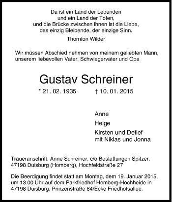 Traueranzeige von Gustav Schreiner von Tageszeitung