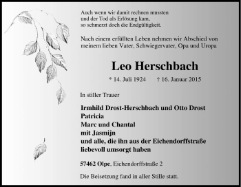 Traueranzeige von Leo Herschbach von Tageszeitung