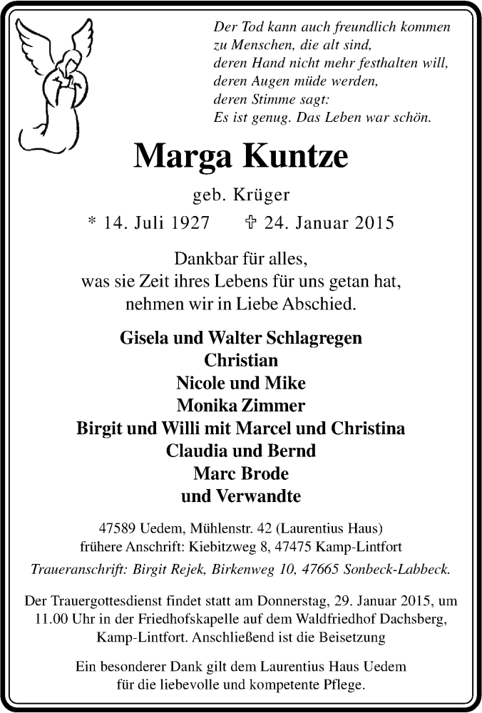  Traueranzeige für Marga Kuntze vom 27.01.2015 aus Tageszeitung