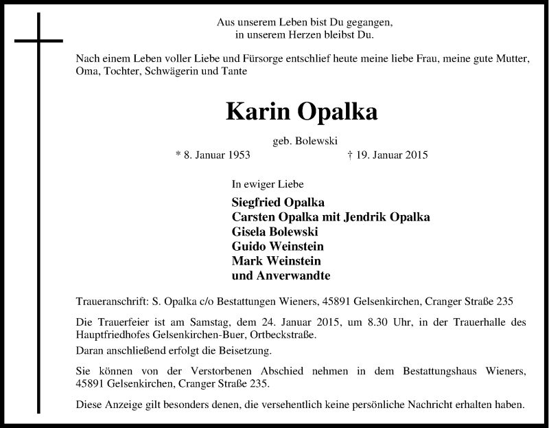  Traueranzeige für Karin Opalka vom 21.01.2015 aus Tageszeitung