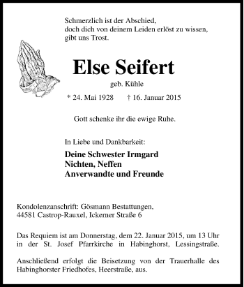 Traueranzeige von Else Seifert von Tageszeitung