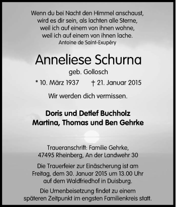 Traueranzeige von Anneliese Schurna von Tageszeitung