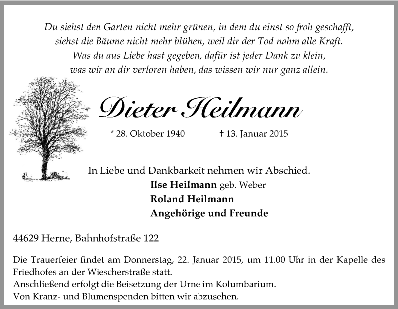  Traueranzeige für Dieter Heilmann vom 16.01.2015 aus Tageszeitung
