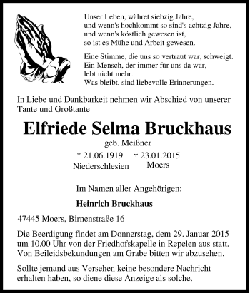 Traueranzeige von Elfriede Selma Bruckhaus von Tageszeitung
