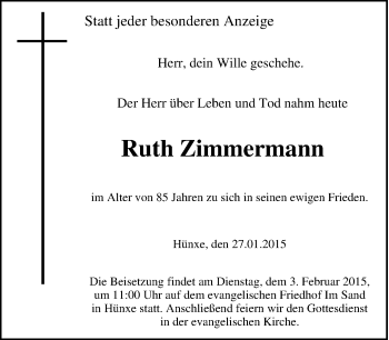 Traueranzeige von Ruth Zimmermann von Tageszeitung