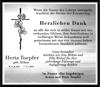 Traueranzeige von Herta Toepfer von Tageszeitung