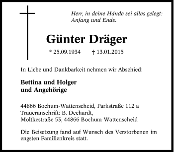 Traueranzeige von Günter Dräger von Tageszeitung