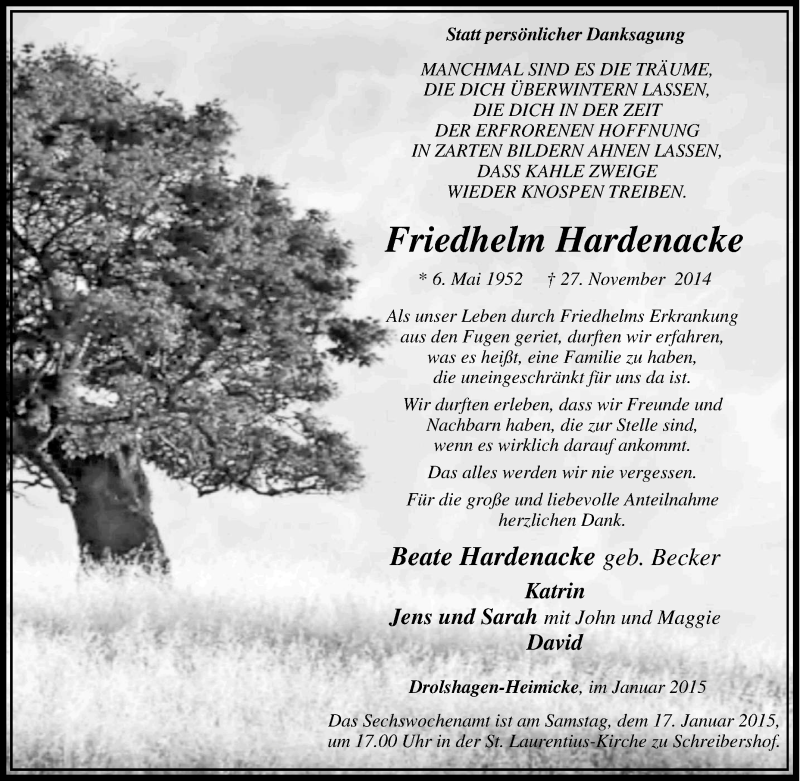  Traueranzeige für Friedhelm Hardenacke vom 14.01.2015 aus Tageszeitung