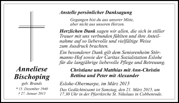 Traueranzeige von Anneliese Bischoping von Tageszeitung