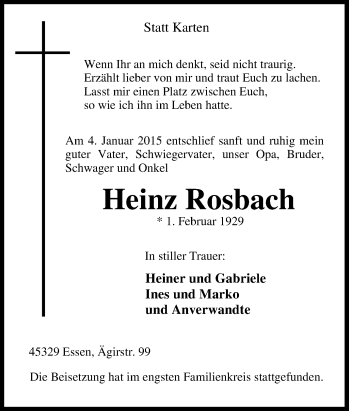 Traueranzeige von Heinz Rosbach von Tageszeitung
