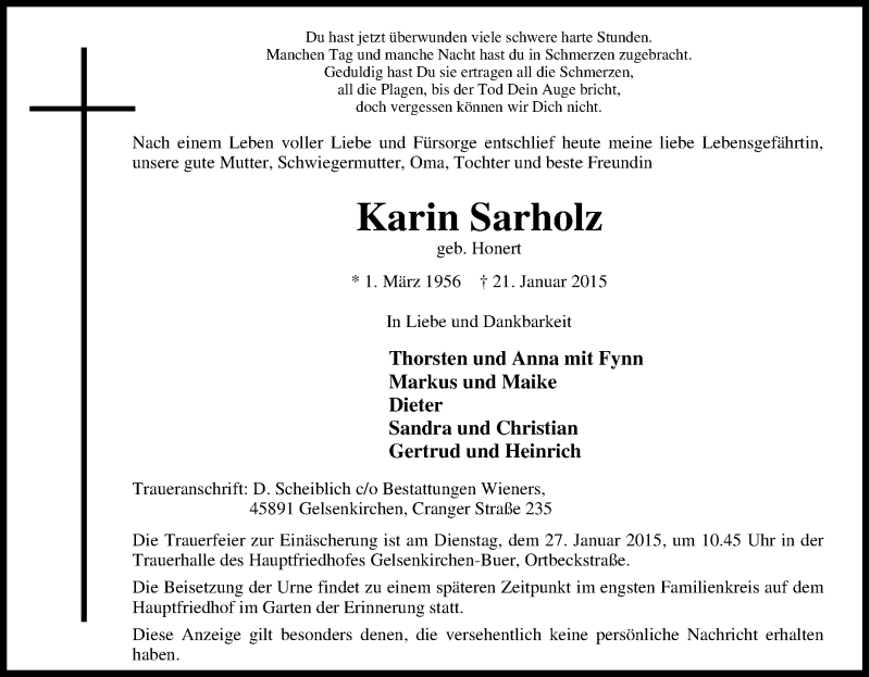  Traueranzeige für Karin Sarholz vom 23.01.2015 aus Tageszeitung