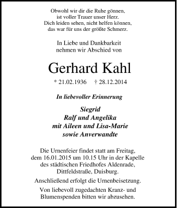 Traueranzeige von Gerhard Kahl von Tageszeitung
