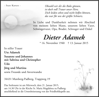 Traueranzeige von Dieter Adamek von Tageszeitung