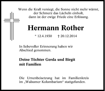 Traueranzeigen von Hermann Rother TrauerinNRW.de