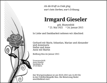 Traueranzeige von Irmgard Gieseler von Tageszeitung