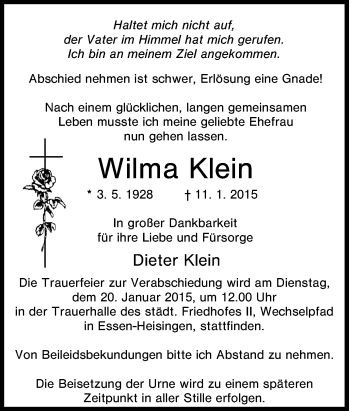 Traueranzeige von Wilma Klein von Tageszeitung