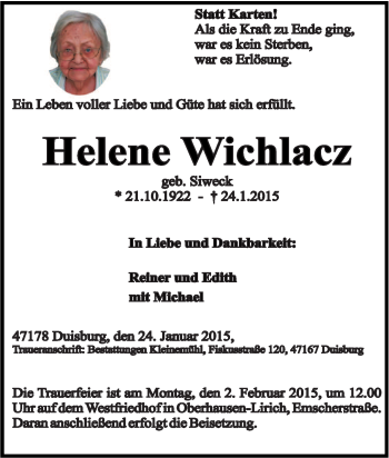 Traueranzeige von Helene Wichlacz von Tageszeitung