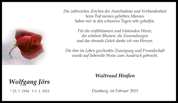 Traueranzeige von Wolfgang Jörs von Tageszeitung