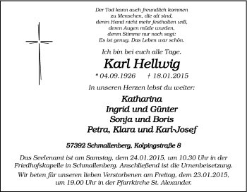 Traueranzeige von Karl Hellwig von Tageszeitung