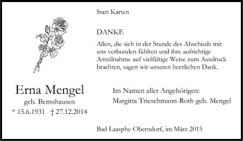 Traueranzeige von Erna Mengel von Tageszeitung