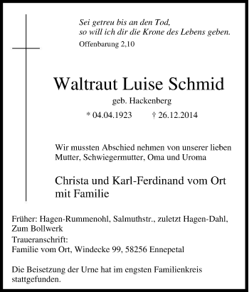 Traueranzeige von Waltraut Luise Schmid von Tageszeitung