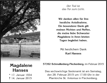 Traueranzeige von Magdalena Hanses von Tageszeitung