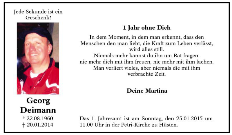  Traueranzeige für Georg Deimann vom 20.01.2015 aus Tageszeitung