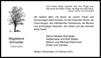 Traueranzeige von Magdalene Schneider von Tageszeitung