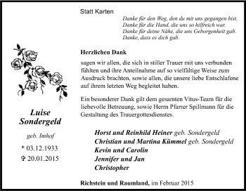 Traueranzeige von Luise Sondergeld von Tageszeitung