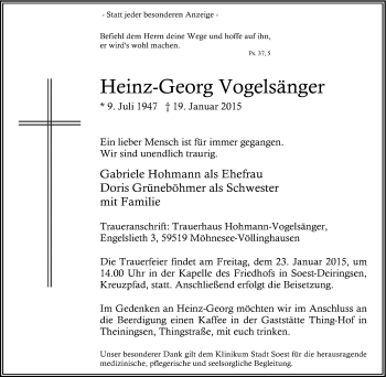 Traueranzeige von Heinz-Georg Vogelsänger von Tageszeitung
